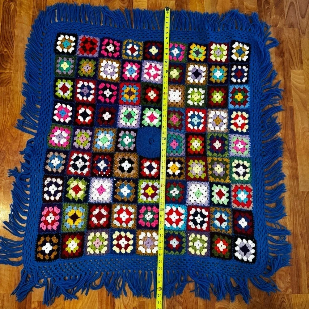 Vintage Handmade Crochet Afghan Granny Square Blue Edge 44 x 49 Throw 80 Squares